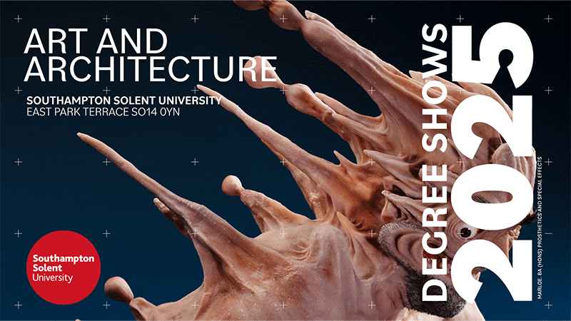 A graphic promoting the art and architecture degree shows.