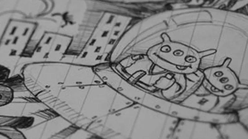 black and white pencil drawing of a UFO and aliens 
