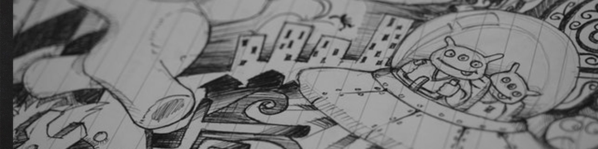 A black and white drawing on lined paper of some cartoon figures in a globe.