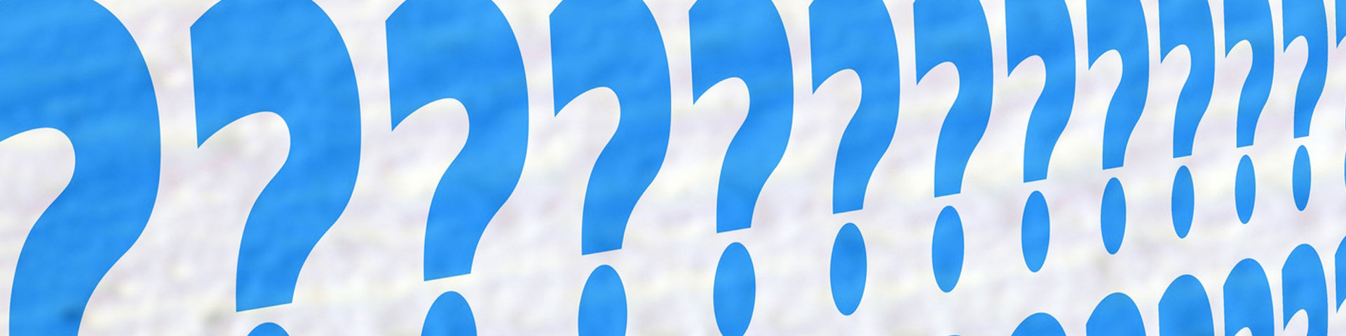 12 large blue question marks running from left to right on a white background.