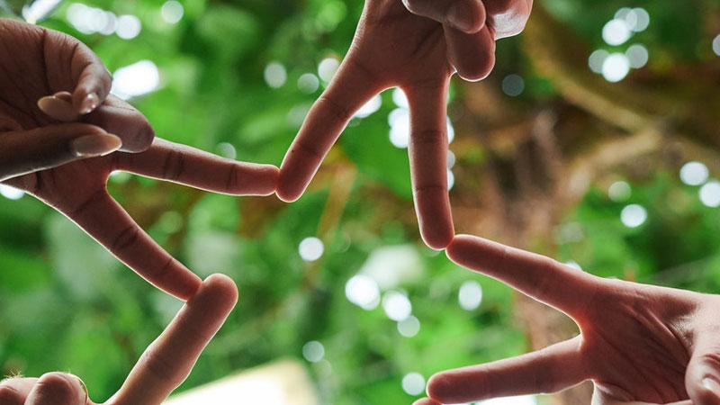 Two people interlace fingers, whilst stood under a tree.