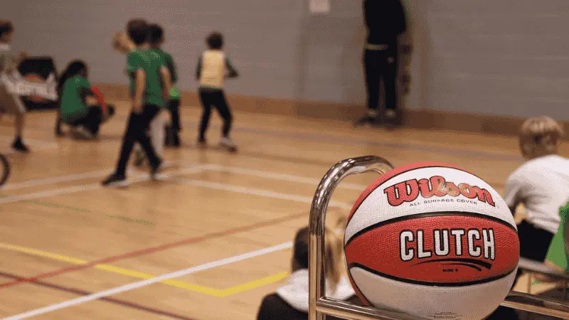 A basketball court and ball