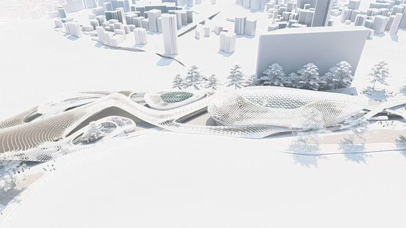 3d render of an architectural drawing of a futuristic building