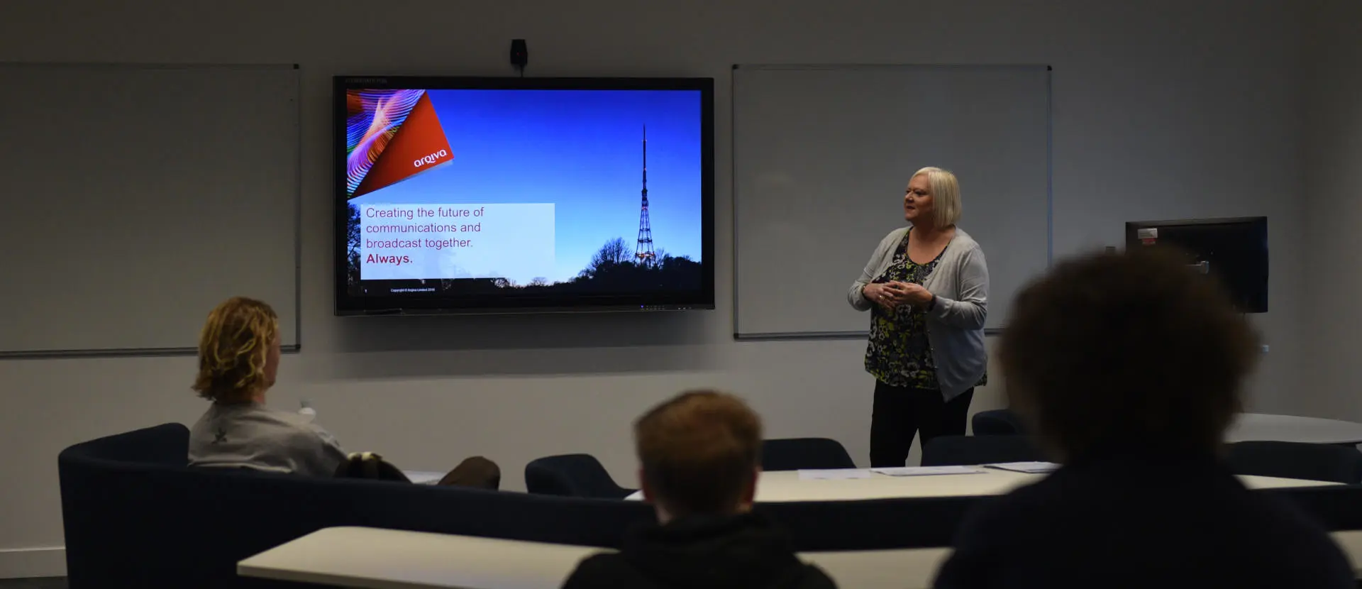 Arqiva's talent and development coordinator, Tracy gives a presentation to Solent's media technology students