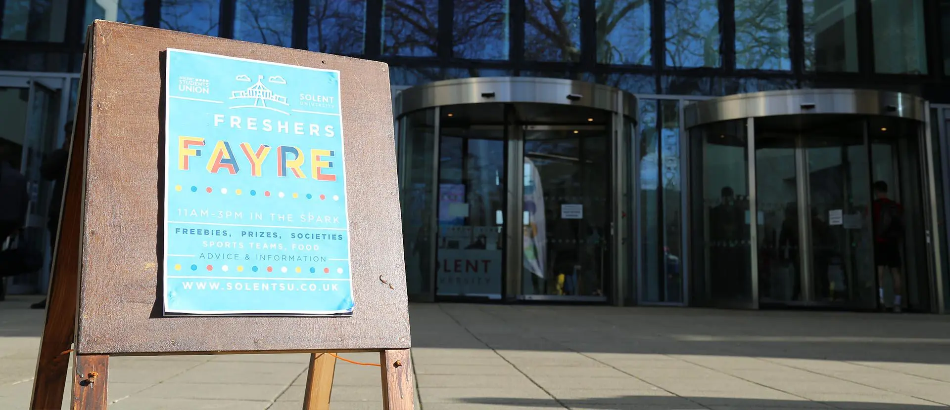 Freshers fayre sign outside the Spark