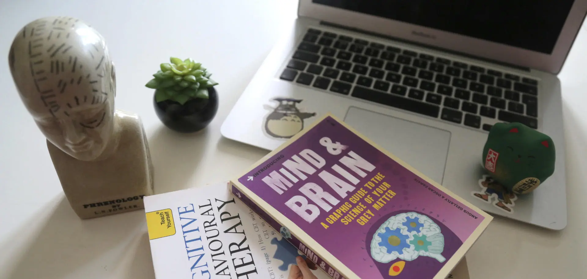 A head, laptop and two books. Credit Emma Townley