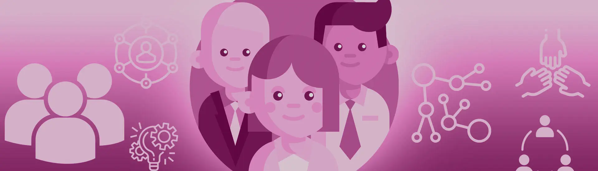 Cartoon image of three people within a circle and a purple background with scientific symbols