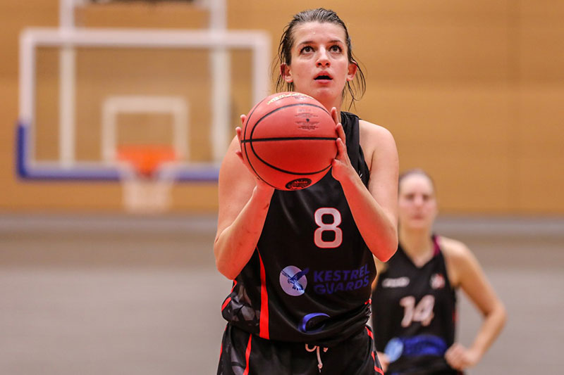 Solent Kestrels player Kristina Velkey taking a shot during a basketball match