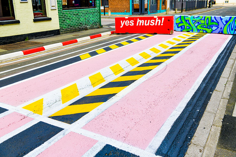 Close-up of the colourful street art in the road in Southampton's Bedford Place area
