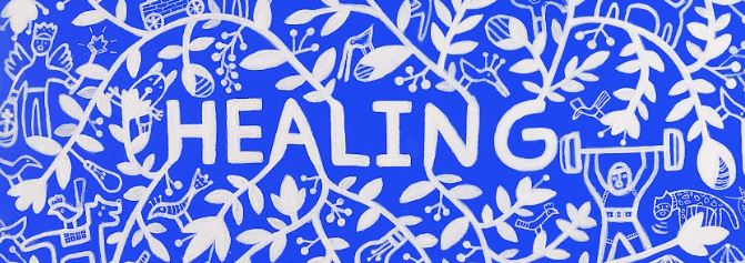 The theme for Refugee Week 2022 is 'Healing'. The artwork shows plant life, animals and people connecting and healing together.