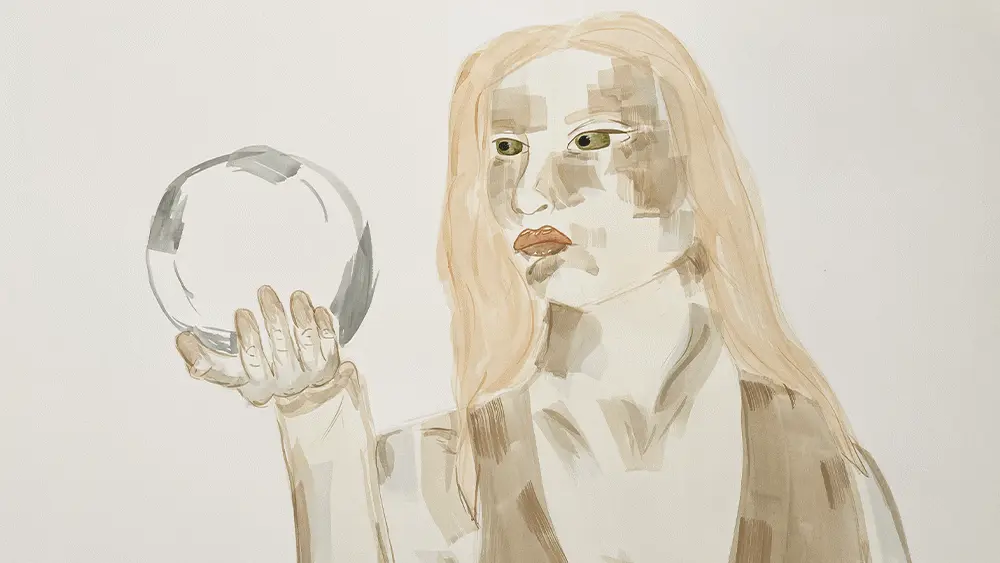 A drawing of a woman holding a mirror to her face. 