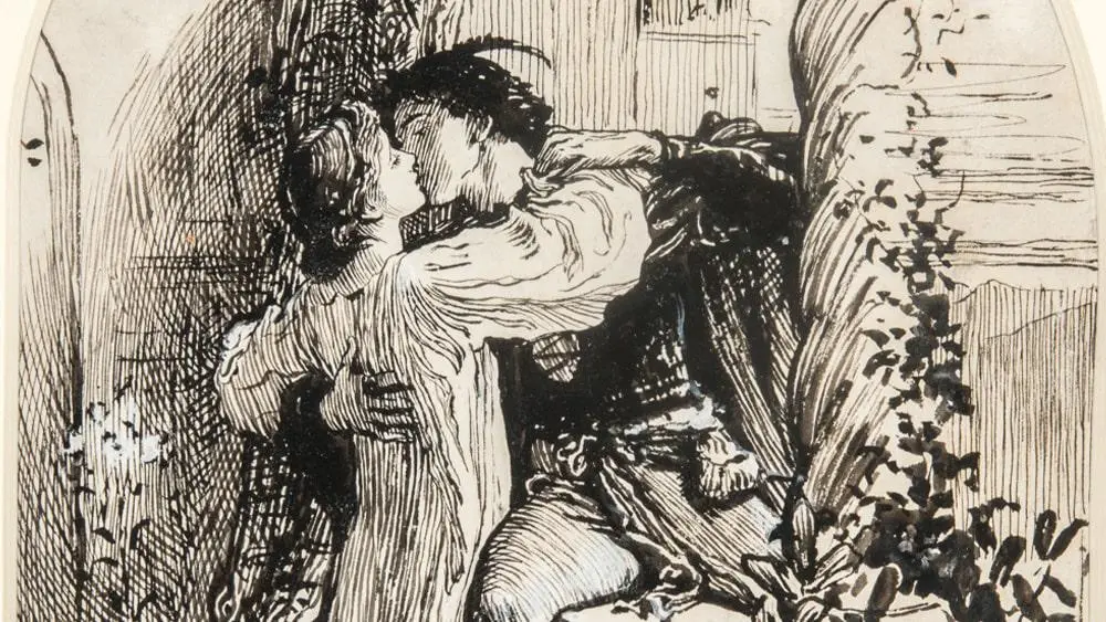 A painting of a man and a woman embracing.