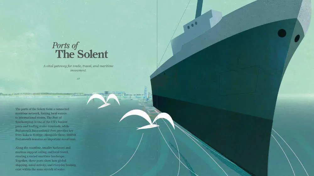 Illustrated spread featuring a shipping boat at Solent