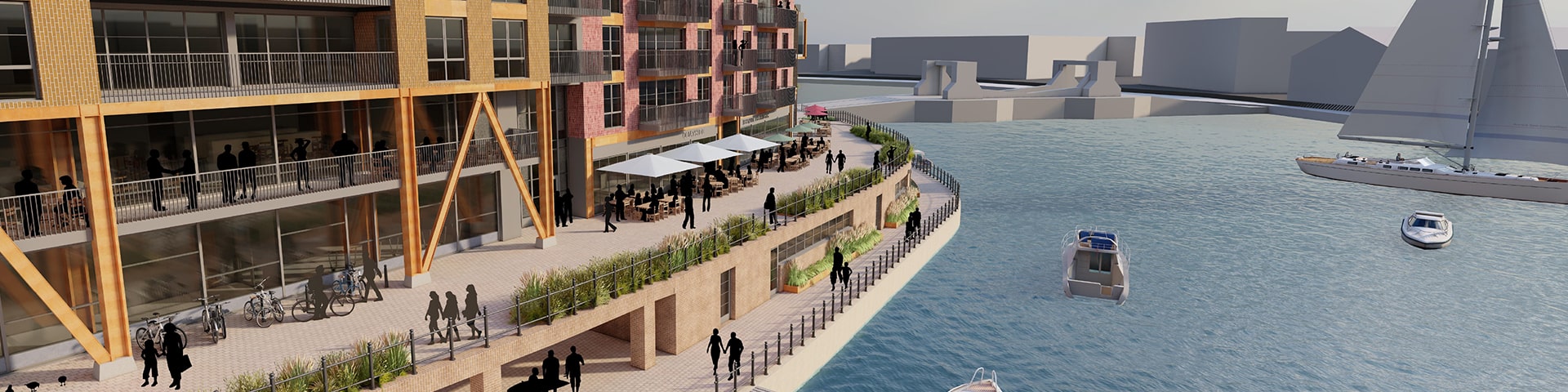 Concept image of Ian's design of modern buildings on the waterfront