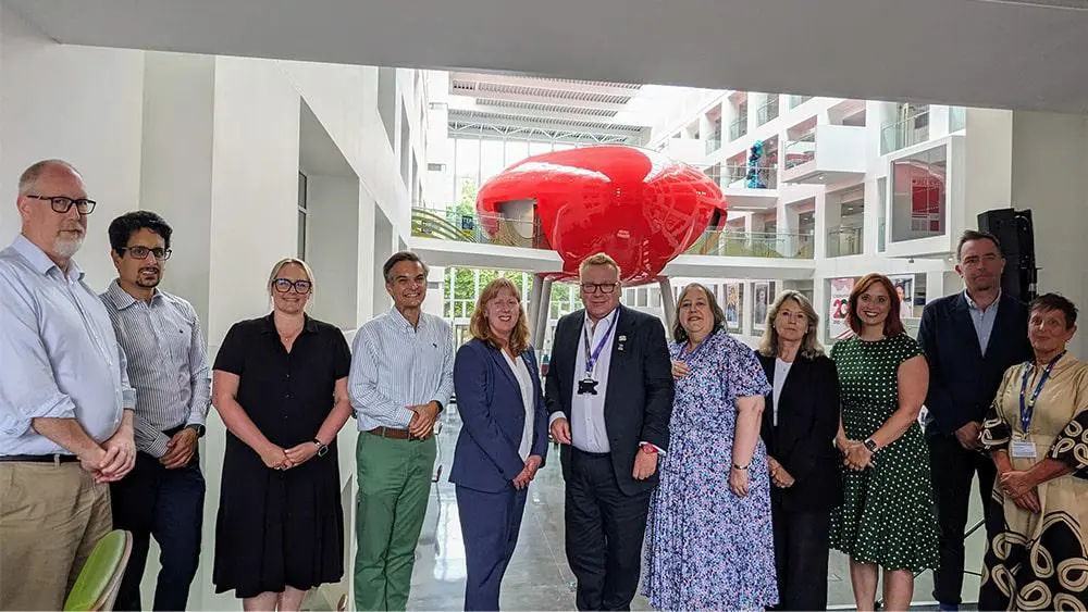 Southampton City Council (SCC) leaders in the University’s Spark building. From (L-R) Andrew Bird – SSU Chief Marketing Officer, Eran Kochlany, SSU Chief Financial and Operating Officer, Helen Jones – SSU Chief People and Culture Officer, Jim Irving – SSU Pro Vice Chancellor Students and Governance, Jillian Kay, SCC Chief Executive, Professor James Knowles SSU Vice-Chancellor Growth, Professor Cathy Barnes – SSU Pro Vice Chancellor Research Academic Strategy Planning, Debbie Ward, SCC Executive Director of Resident Services, Professor Sarah Jones, SSU Pro Vice-Chancellor Education, Stephen Haynes – SCC Executive Director of Growth and Prosperity, Kerry Sillence – SCC Executive Officer Manager