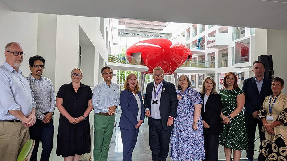 Southampton City Council (SCC) leaders in the University’s Spark building. From (L-R) Andrew Bird – SSU Chief Marketing Officer, Eran Kochlany, SSU Chief Financial and Operating Officer, Helen Jones – SSU Chief People and Culture Officer, Jim Irving – SSU Pro Vice Chancellor Students and Governance, Jillian Kay, SCC Chief Executive, Professor James Knowles SSU Vice-Chancellor Growth, Professor Cathy Barnes – SSU Pro Vice Chancellor Research Academic Strategy Planning, Debbie Ward, SCC Executive Director of Resident Services, Professor Sarah Jones, SSU Pro Vice-Chancellor Education, Stephen Haynes – SCC Executive Director of Growth and Prosperity, Kerry Sillence – SCC Executive Officer Manager