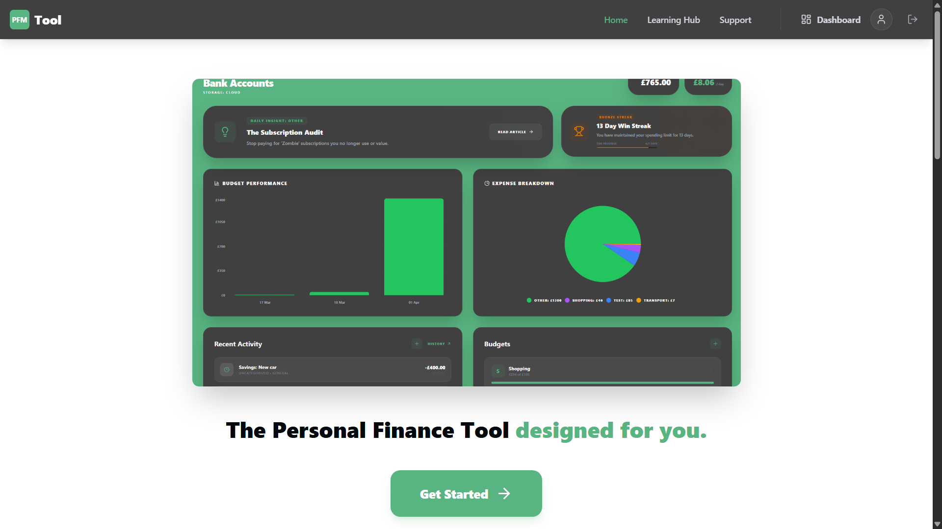 Personal Finance Tool homepage 