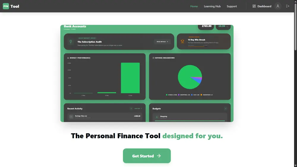 Personal Finance Tool homepage