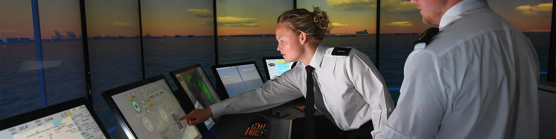 A female cadet in the Maritime Simulation Centre at Warsash Maritime School.