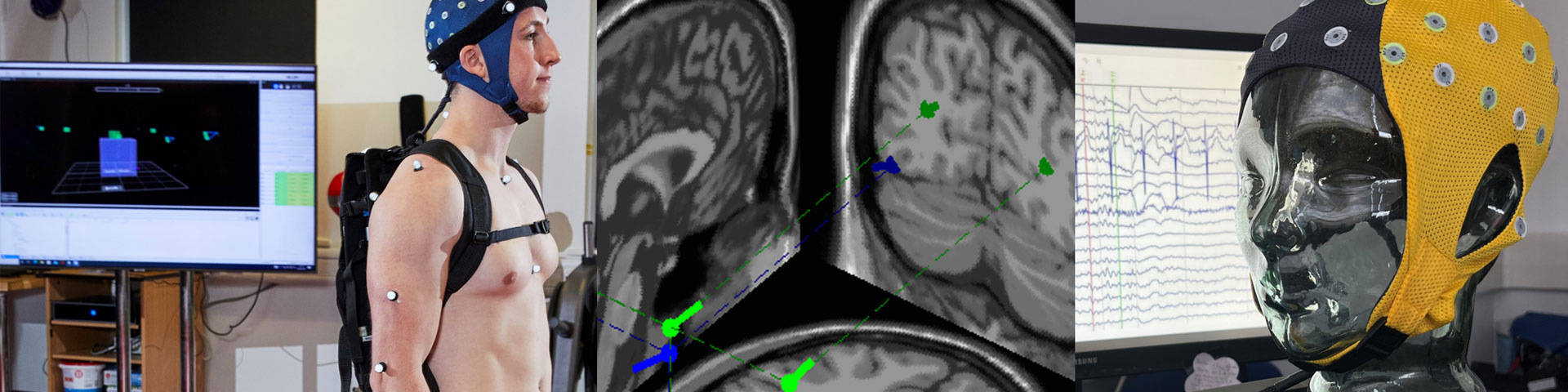 Montage showing a person with sensors on his body, an image of a brain scan and a model wearing a headpiece with sensors