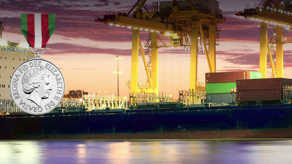 Merchant Navy medal against backdrop of a port