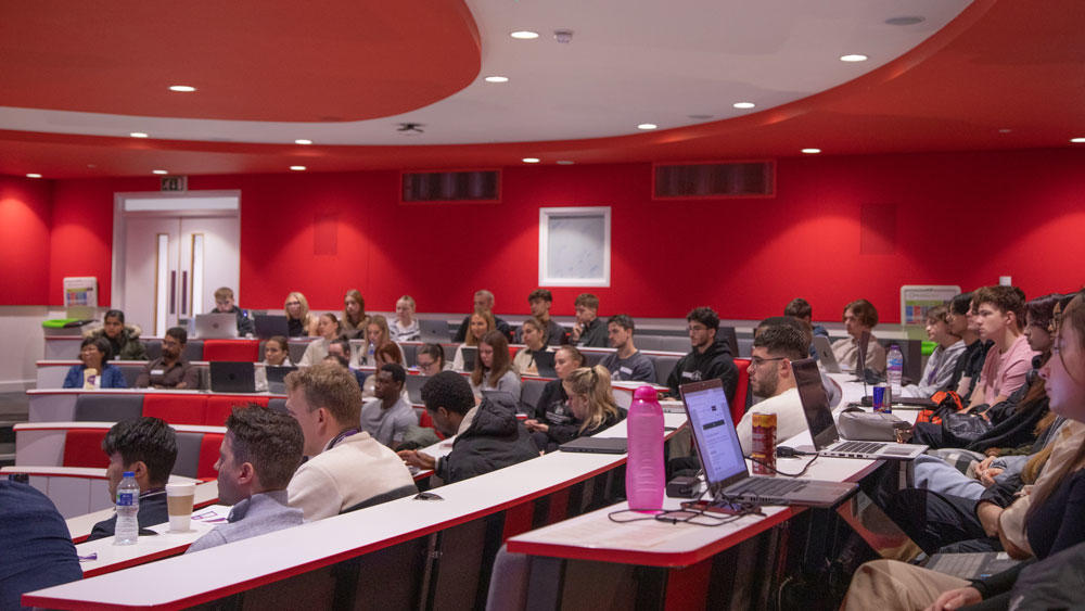 A room full of students in the Palmerston lecture theatre.