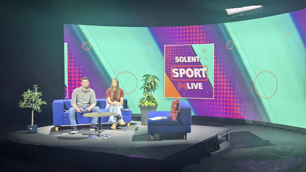 Two student presenters on the Solent Sport Live set