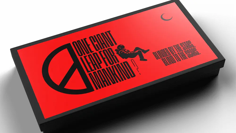 A red box with the words One Giant Leap for Mankind written on it and an image of an astronaut.
