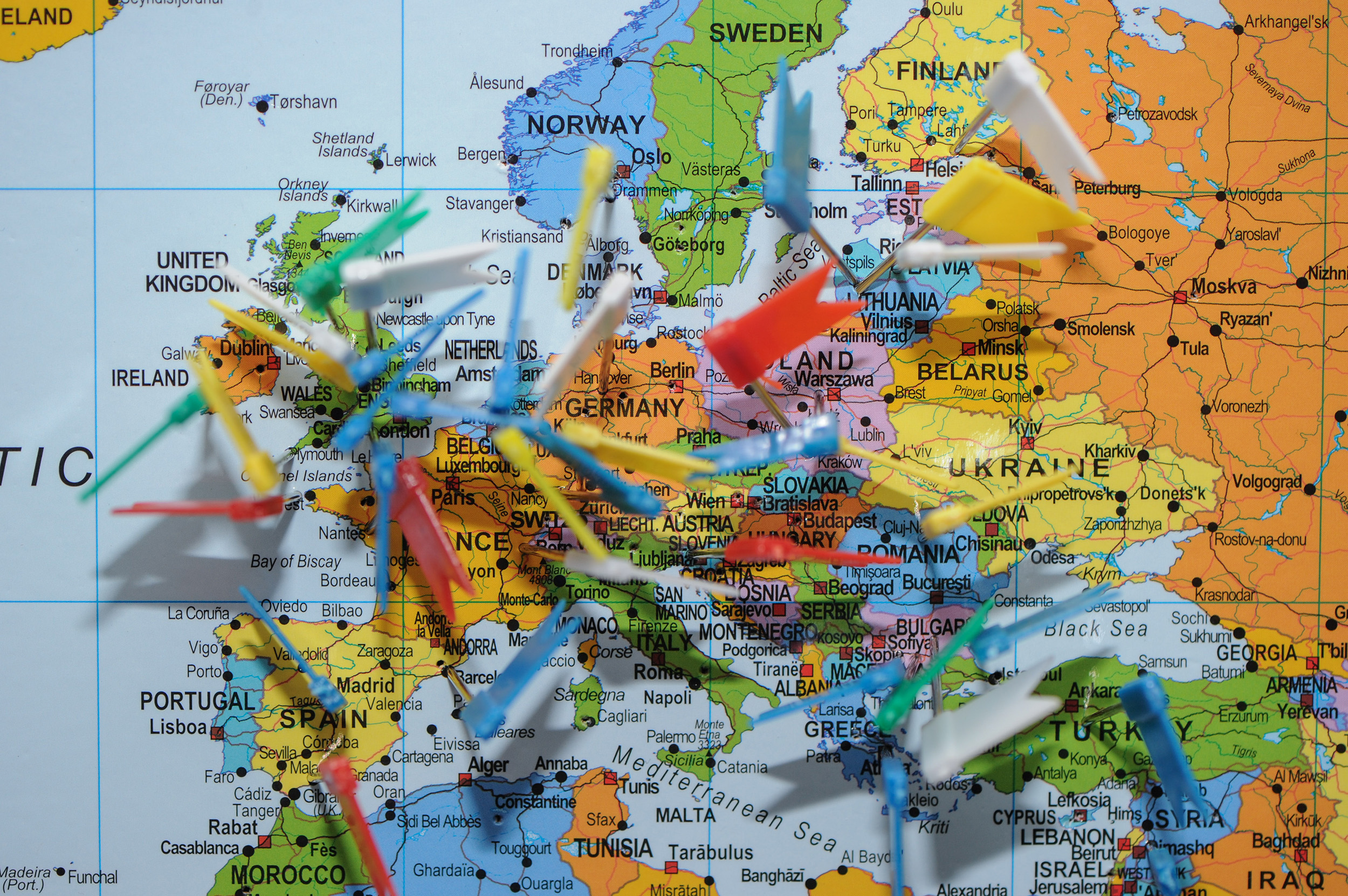 Flag with pins added showing the wide range of loactions Solent students have come from