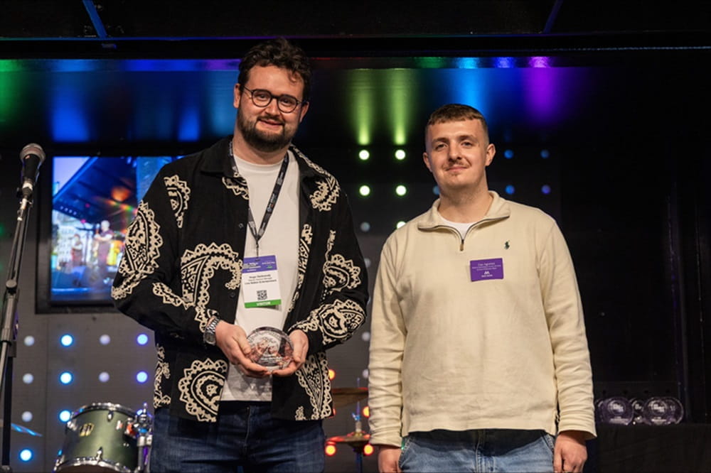 (l-R) Hugo receiving his 30 under 30 award from Gus, Marketing Director for Access All Areas