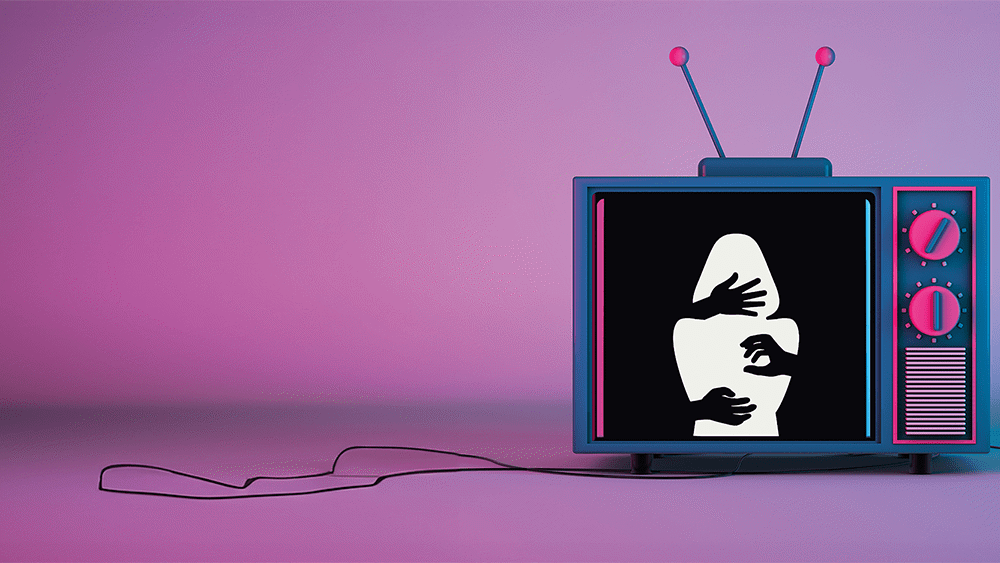 An illustration of a TV showing the silhouette of a woman.