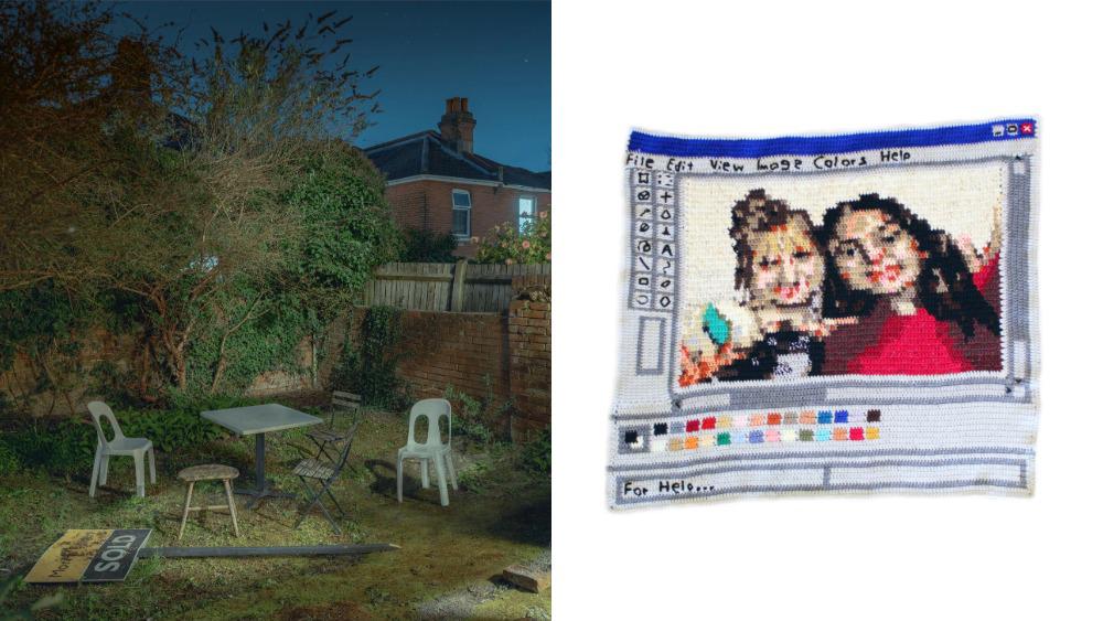 Sian Chungh and Kai Grizzle's artworks a photograph of a garden and a knitted portrait
