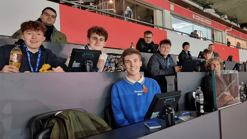 Sports Journalism students in the St Mary's stadium press box.
