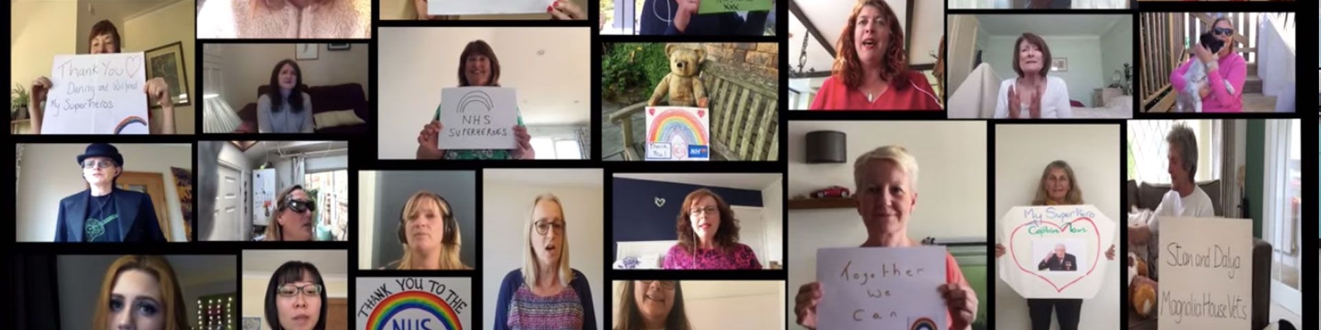 A screenshot of people singing in Esther Frake's superheroes video