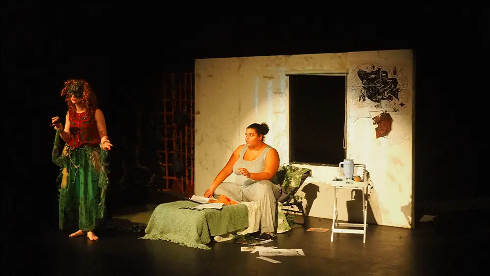 Two women performing a theatre production at Solent University.