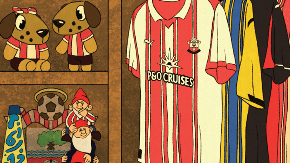 An illustration of football shirts and memorabilia. 