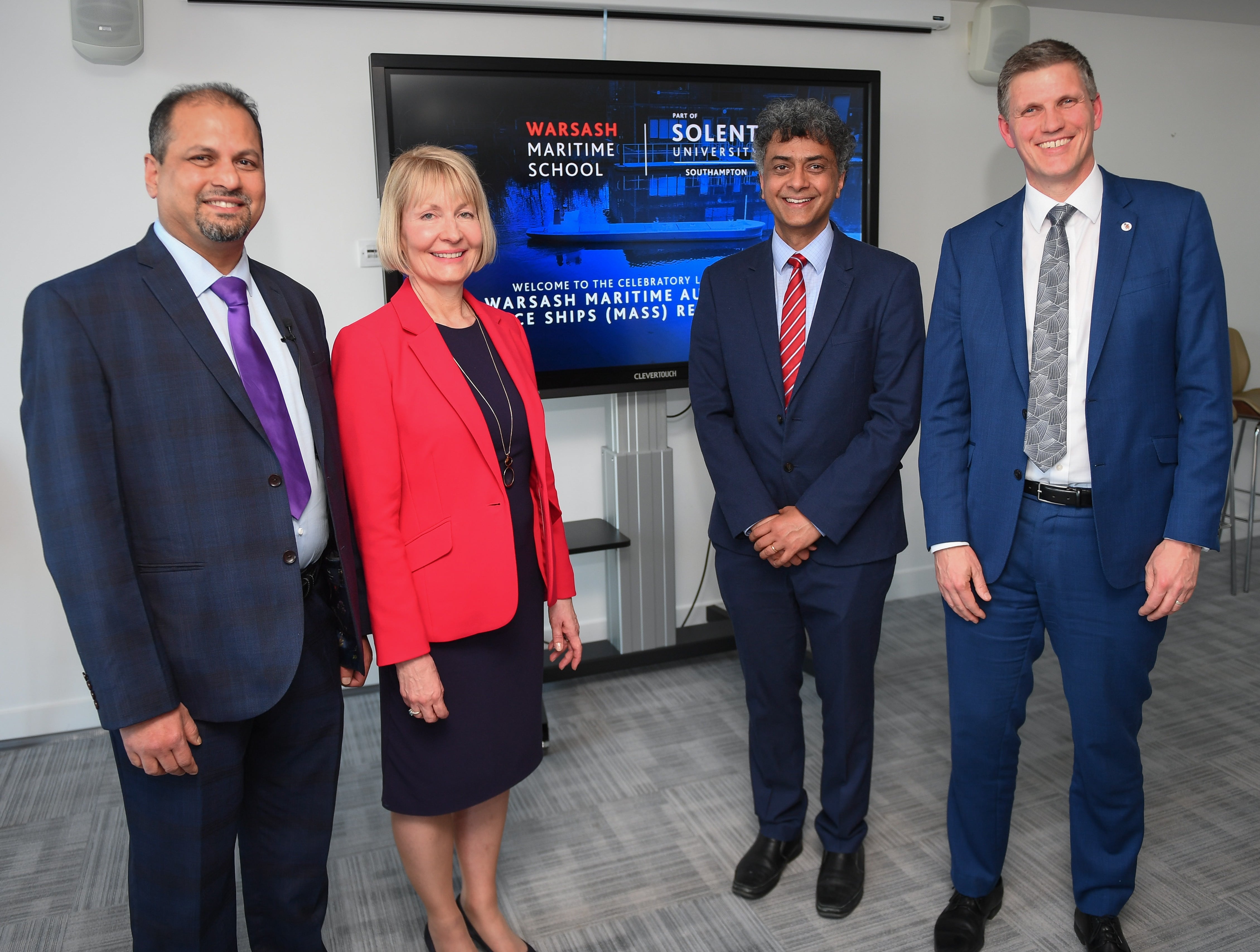 L-R Associate Professor Zakirul Bhuiyan, Director of WMRC, Vice Chancellor Professor Karen Stanton, Professor Syamantak Bhattacharya, Pro-Vice Chancellor, Research & Knowledge Exchange and Warsash Maritime School Director Lars Lippuner