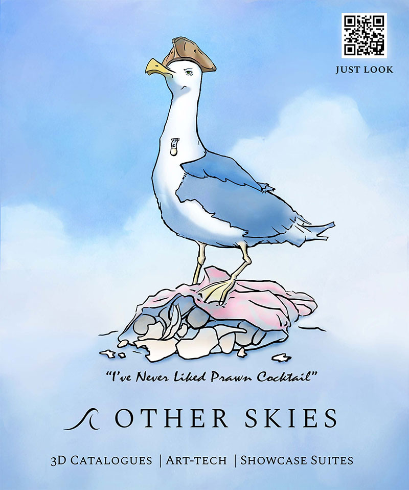 Other Skies promotional material featuring a seagull wearing a hat