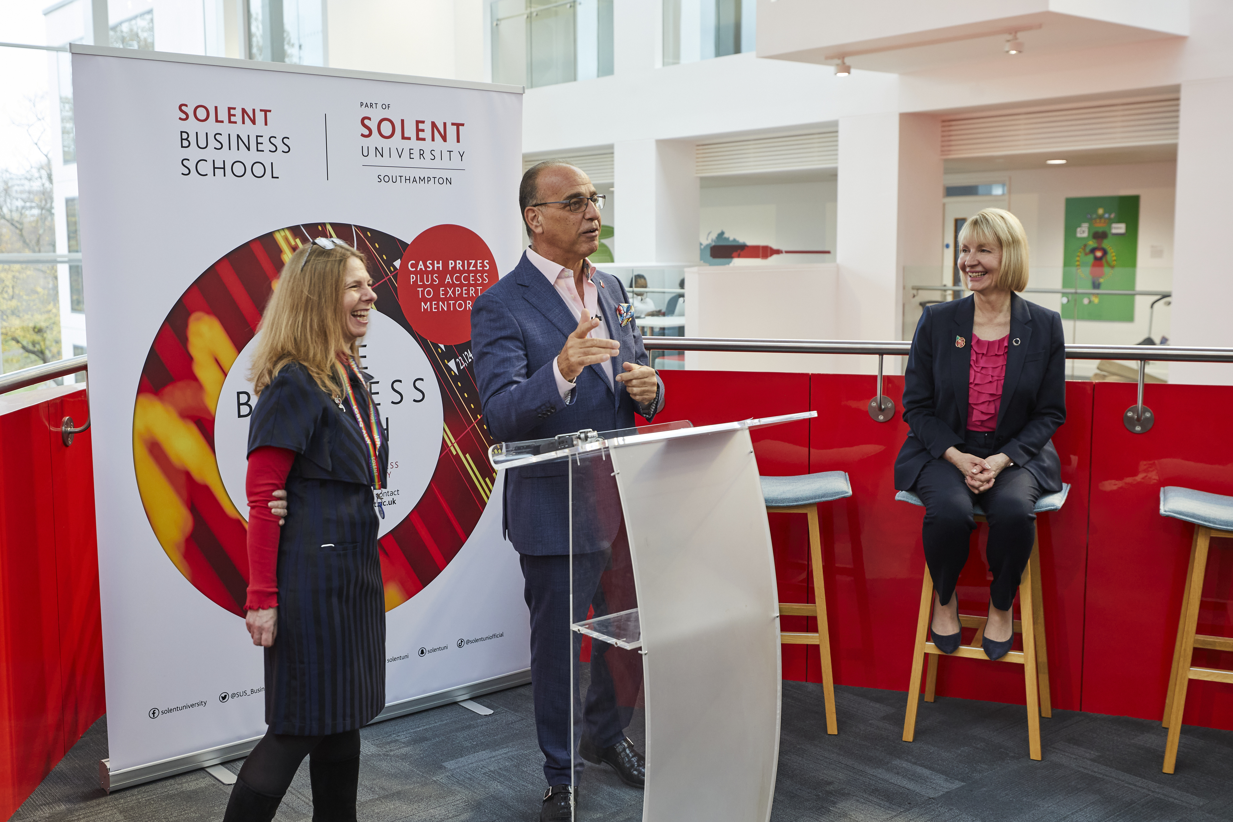 Director of Solent Business School, Caroline Walsh with Theo Paphitis and Vice-Chancellor Karen Stanton