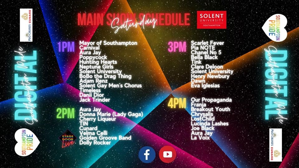The line up for Southampton Digital Pride 2020