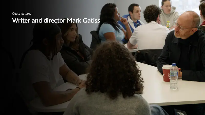 Mark Gatiss in discussion with Solent film and TV students. Text reads: 'Guest lectures: Writer and director Mark Gatiss