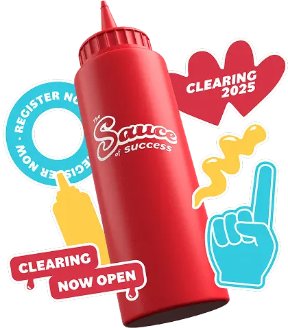 A red sauce bottle with stickers around it. Text says 'Clearing 2025' 'Register now' 'Clearing now open'