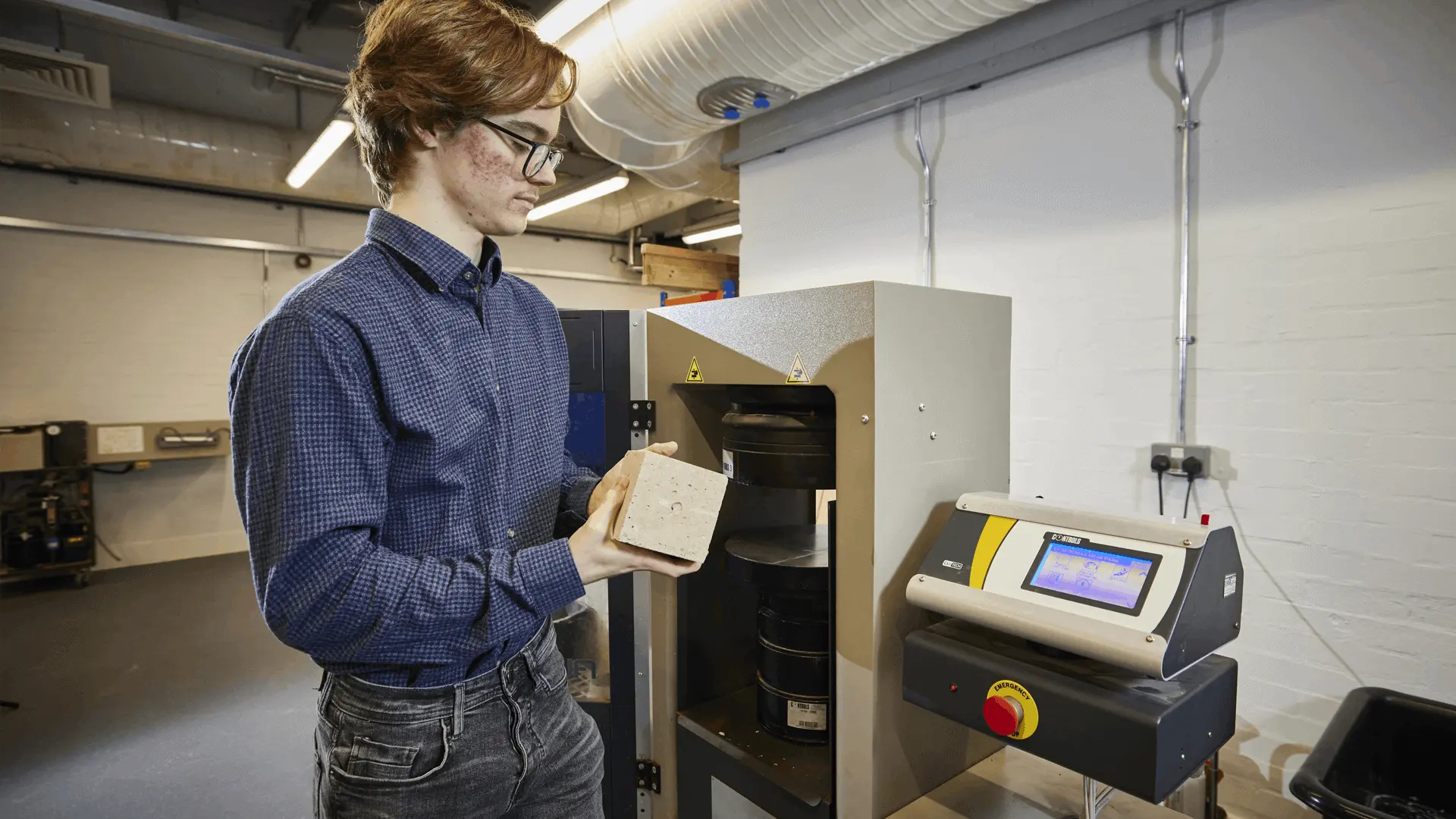 A student using the construction lab facilities