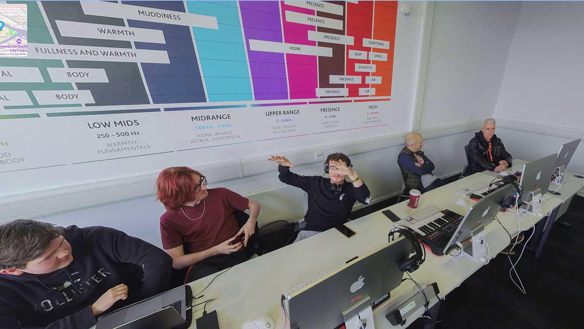 Digital music students in classroom working with music production and recording software