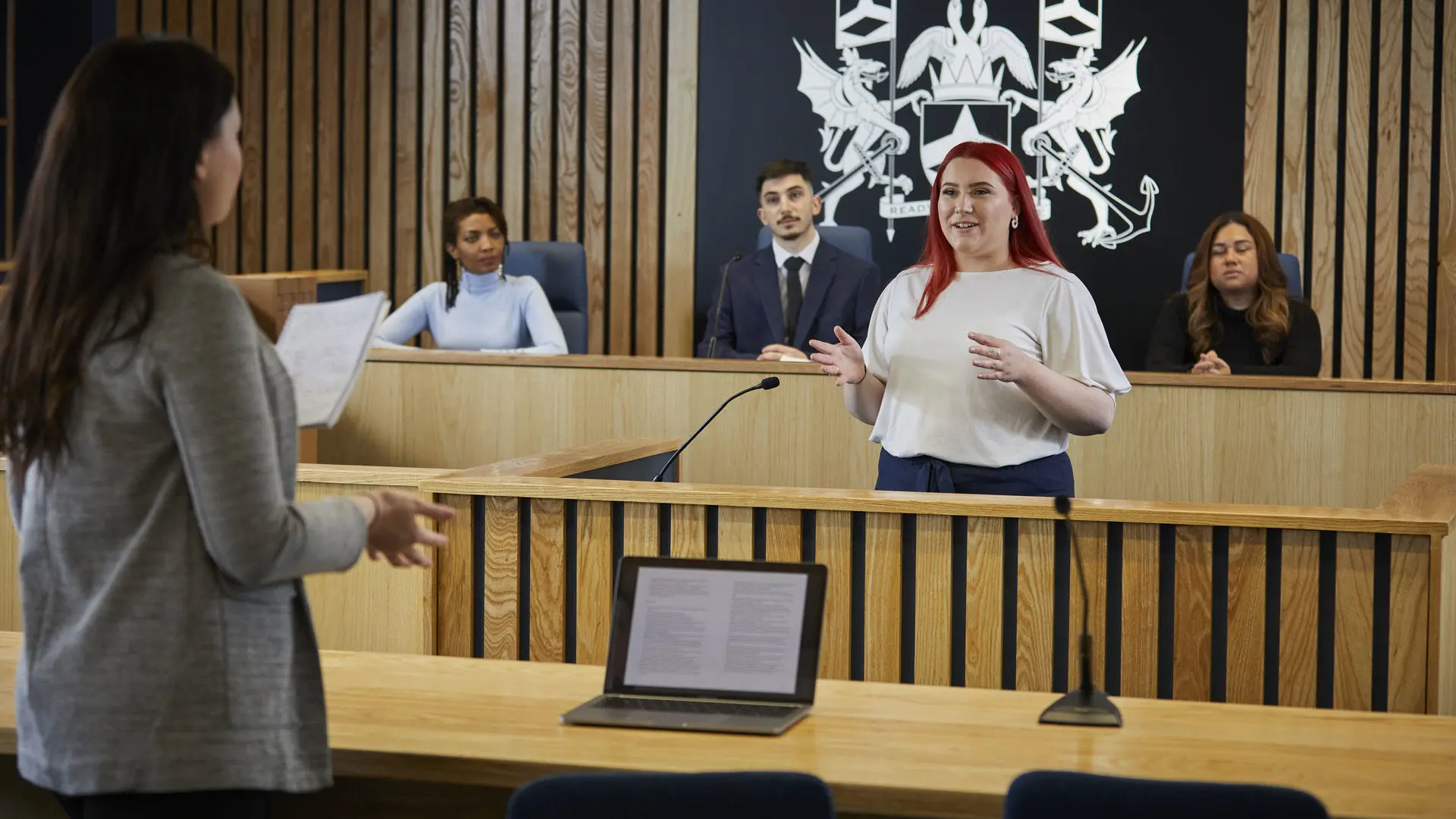 Law students in the law moot room