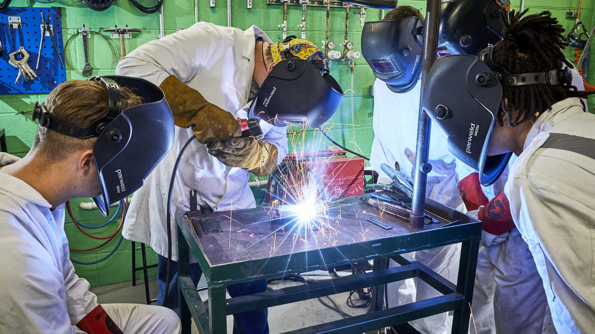 Engineer cadets in the welding room in marine engineering workshops