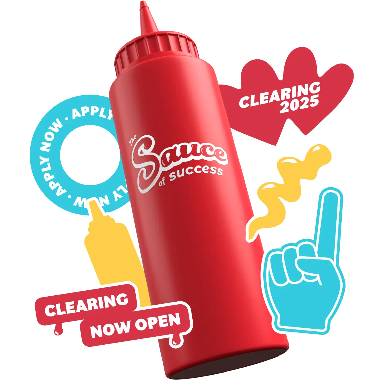 A sauce bottle with lots of stickers saying 'Clearing open'