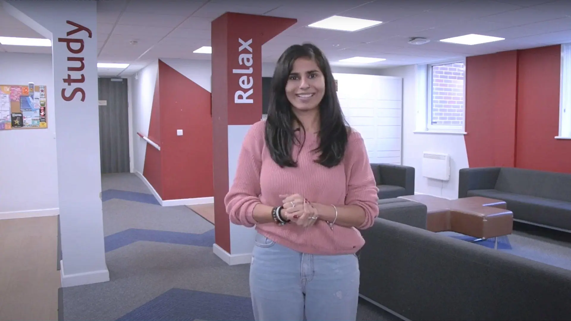 Screenshot of student, Anisha in the social room in Kimber student residence