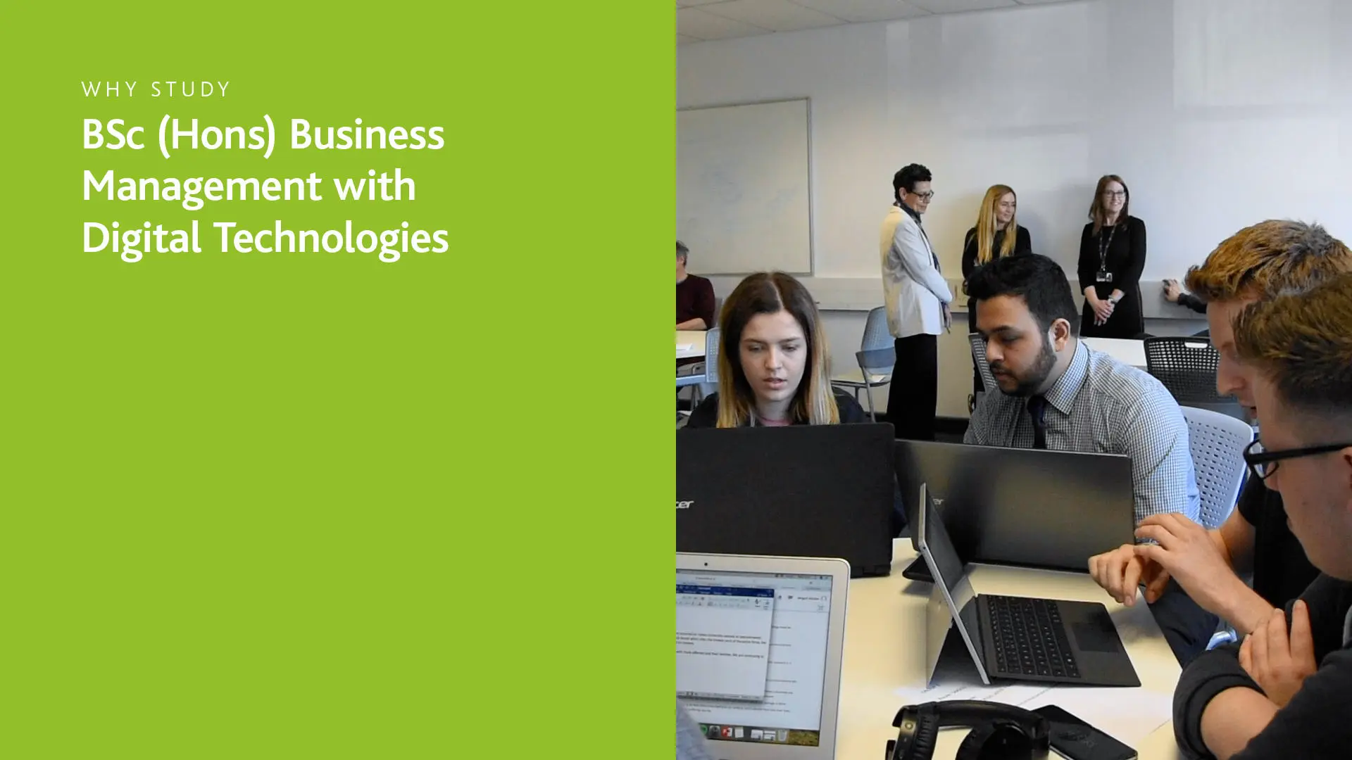 Image of students in a classroom working at computers, alongside text that says; 'Why study BSc (Hons) Business Management with Digital Technologies'. 