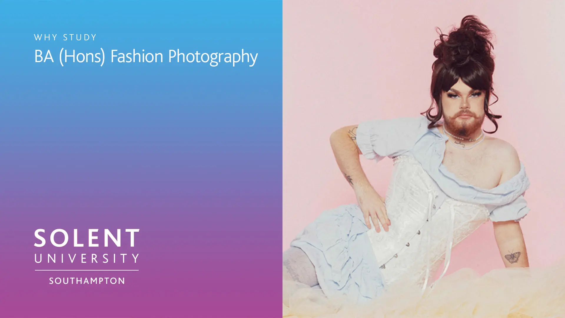 On the left of the screen is a blue to purple gradient (portrait) with white copy over the top which reads 'Why study BA (Hons) Fashion Photography' and the Solent University, Southampton logo bottom left. To the right is a photo of a model posing.
